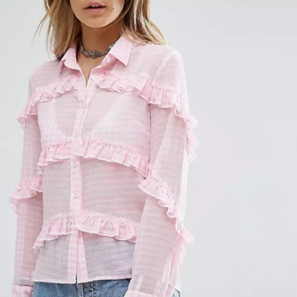 Glamorous tall gingham ruffle blouse pink